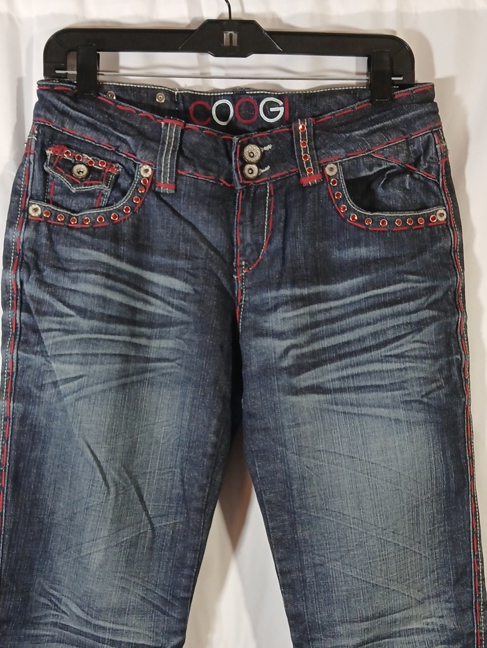 Coogi Y2K Womens 9/10 Blue Jeans Red Stitch Bling Retro Dark Wash Boot Cut